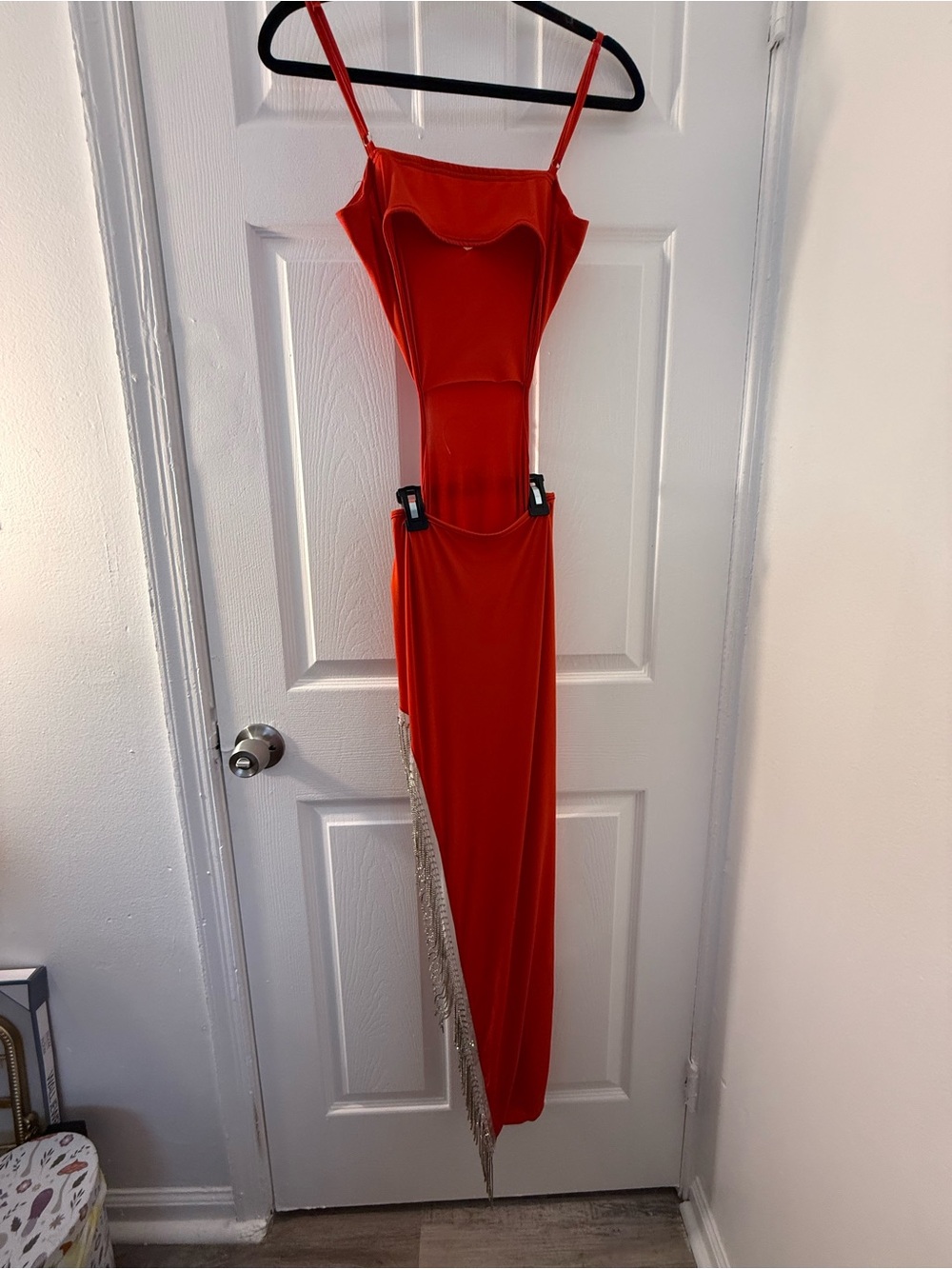 Red Strappy Cutout Evening Dress with Fringe